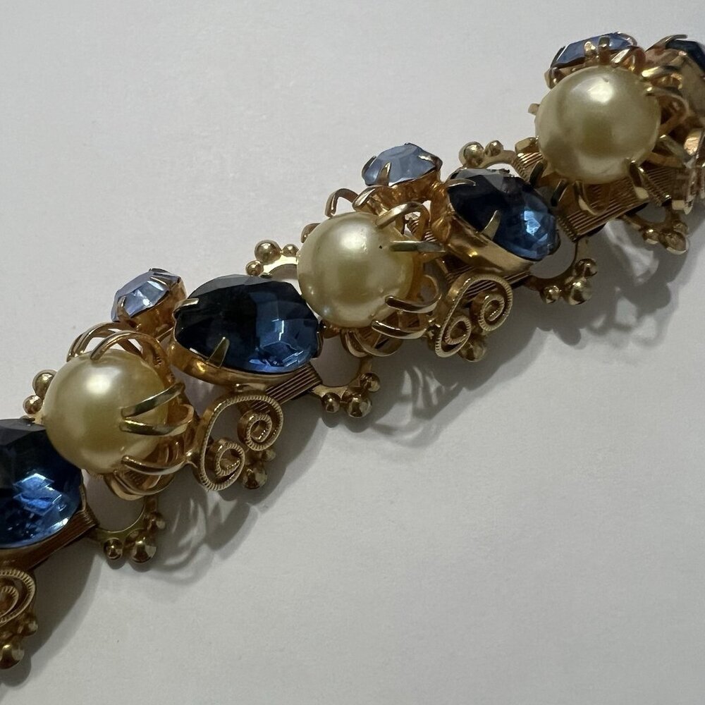 Vintage Mid-Century Gold Tone Bracelet With Faux Pearls Blue Rhinestones